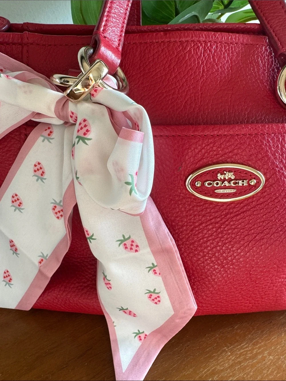 Coach Ellis Pink-Red Leather Satchel with Bow Scarf Accent